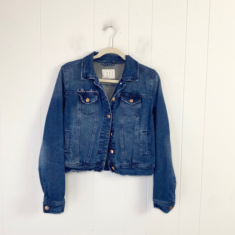 A New Day Hello Sunshine Embroidered Raw Hem Denim Jacket Medium Wash XS